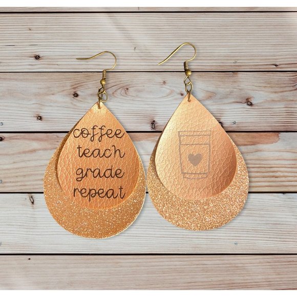 Layered Rose Gold Glitter Teacher Coffee Lover Earrings - Picture 1 of 1
